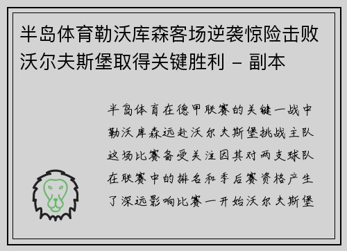 半岛体育勒沃库森客场逆袭惊险击败沃尔夫斯堡取得关键胜利 - 副本