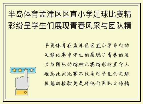 半岛体育孟津区区直小学足球比赛精彩纷呈学生们展现青春风采与团队精神