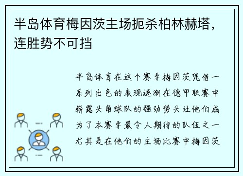 半岛体育梅因茨主场扼杀柏林赫塔，连胜势不可挡