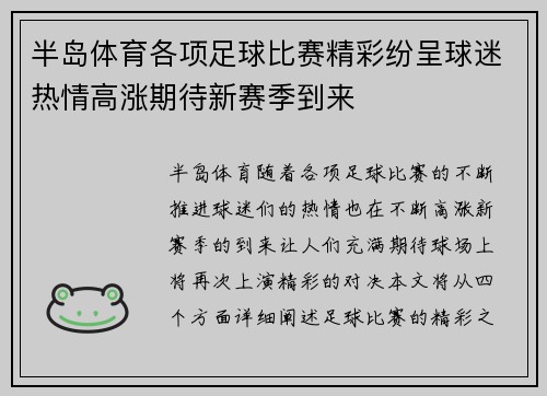 半岛体育各项足球比赛精彩纷呈球迷热情高涨期待新赛季到来