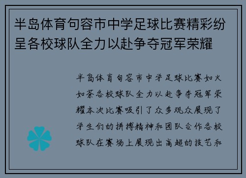半岛体育句容市中学足球比赛精彩纷呈各校球队全力以赴争夺冠军荣耀