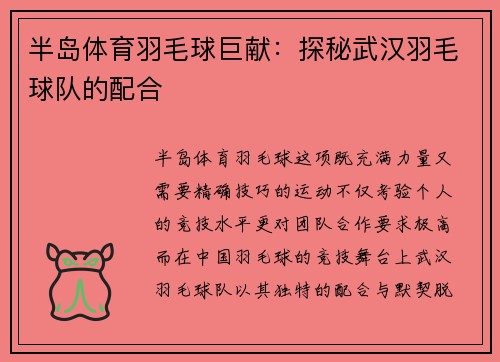 半岛体育羽毛球巨献：探秘武汉羽毛球队的配合